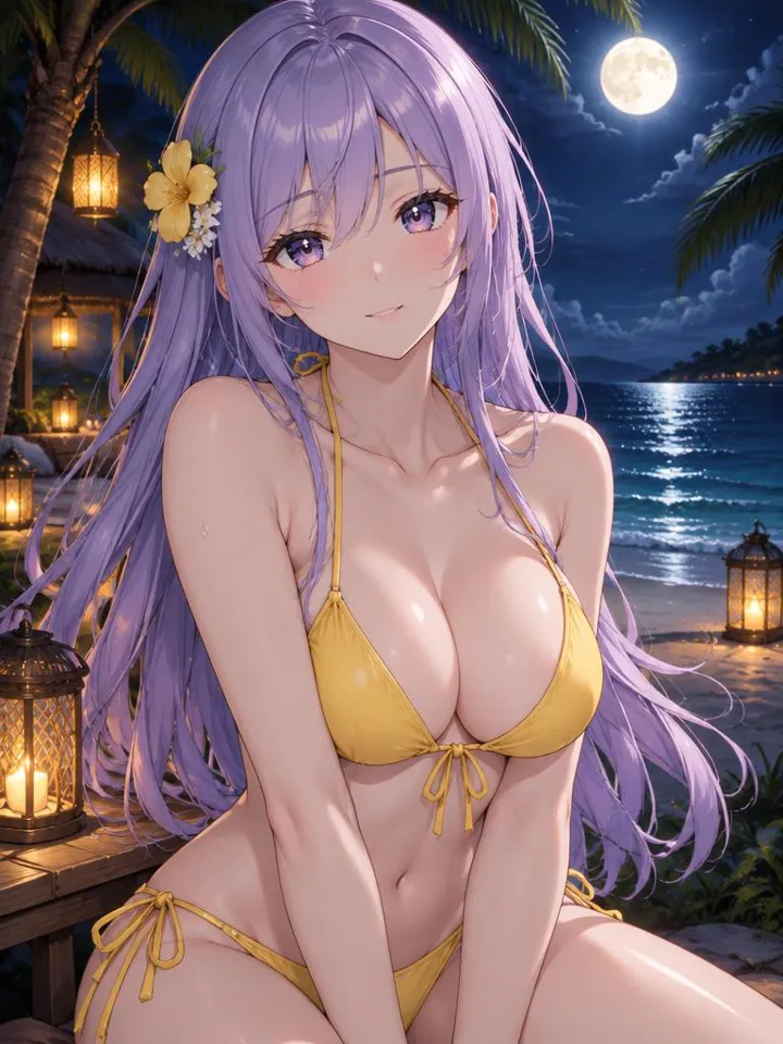 Hana, lavender-haired anime girlfriend on a moonlit palm beach — Create Girlfriend AI
